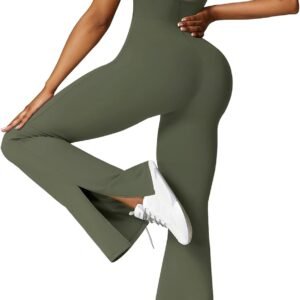 Women Flare Leg Jumpsuits Tummy Control Backless Unitard One Piece Workout Outfit V Neck Sleeveless Yoga Bodysuit